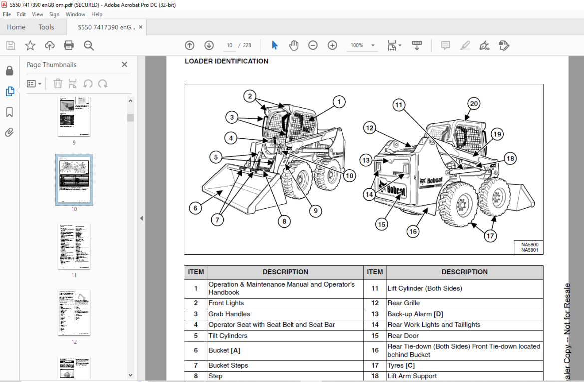 Bobcat S550 Skid-Steer Loader Operation & Maintenance Manual SN