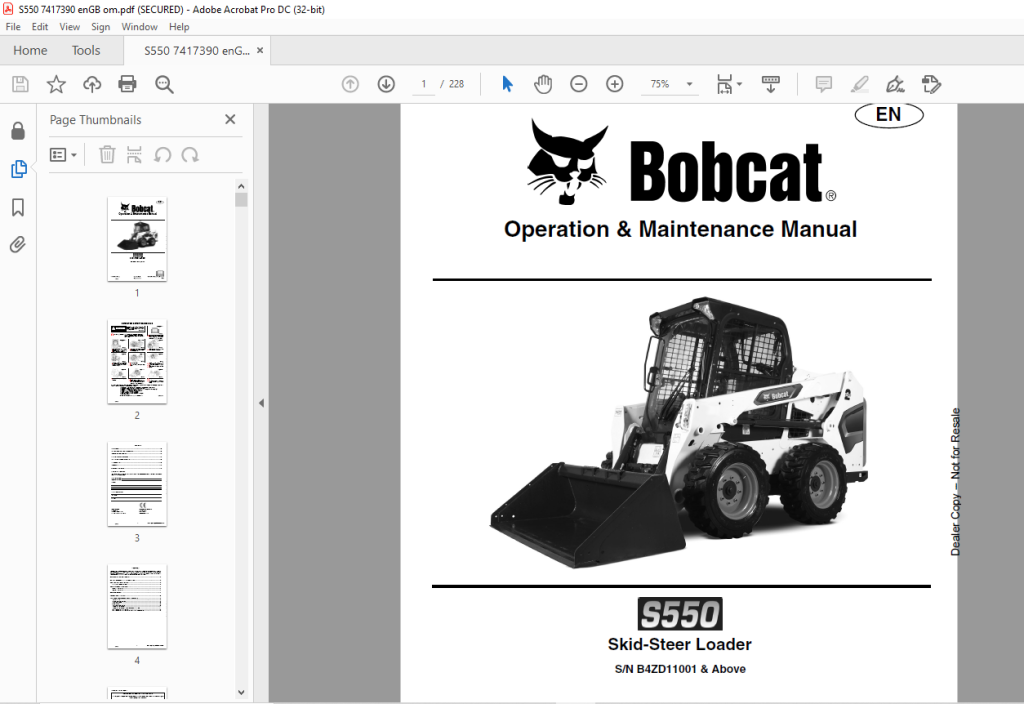 Bobcat S550 Skid-Steer Loader Operation & Maintenance Manual SN ...