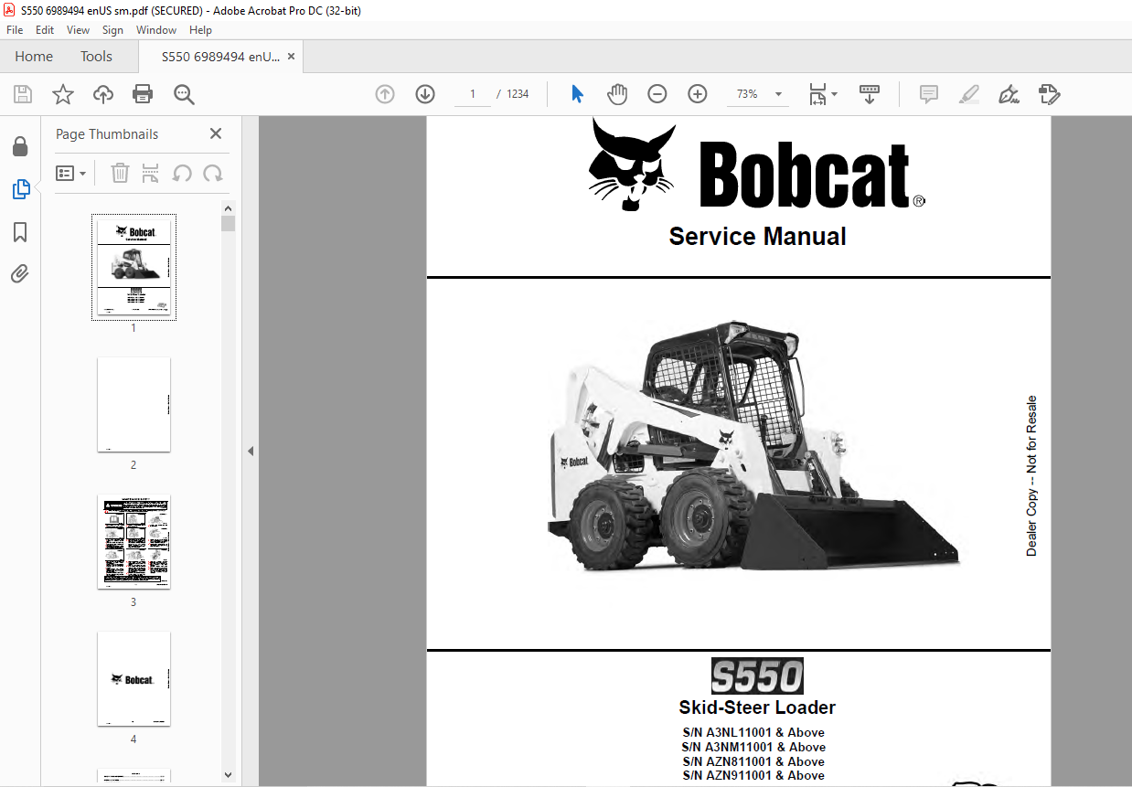 Bobcat S550 Skid-Steer Loader Service Manual 6989494 - PDF DOWNLOAD