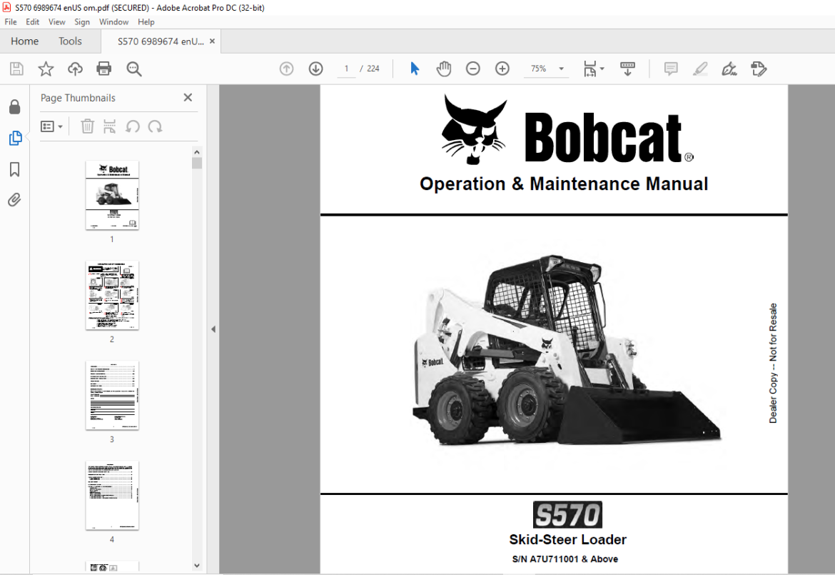 Bobcat S570 Skid-Steer Loader Operation & Maintenance Manual SN