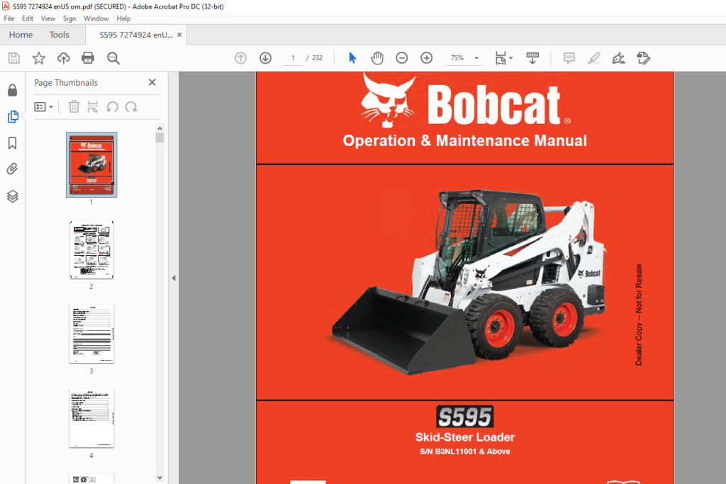 Bobcat S595 Skid-Steer Loader Operation & Maintenance Manual SN