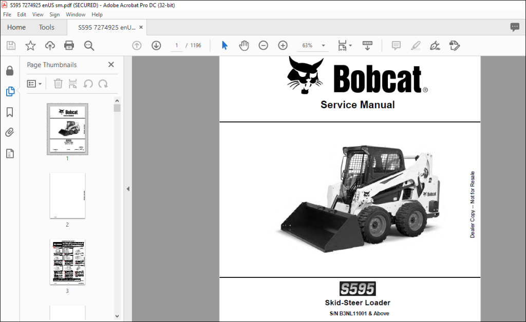 Bobcat S595 Skid-Steer Loader Service Manual SN B3NL11001 & Above - PDF