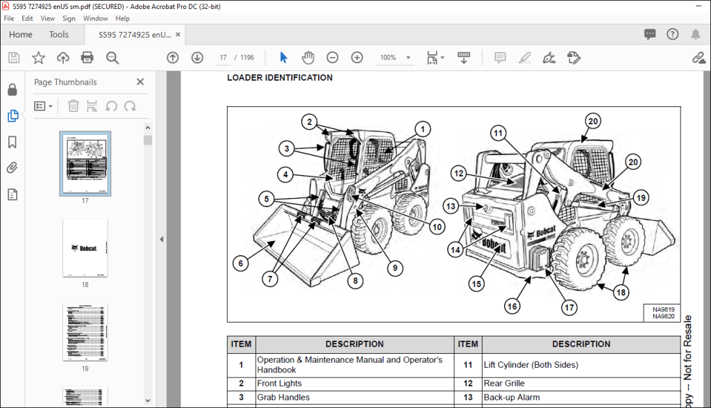 Bobcat S595 Skid-Steer Loader Service Manual SN B3NL11001 & Above - PDF