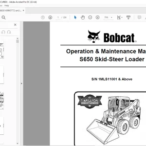 Bobcat S650 Skid-Steer Loader Operation & Maintenance Manual SN 1MLS11001 & Above - PDF DOWNLOAD