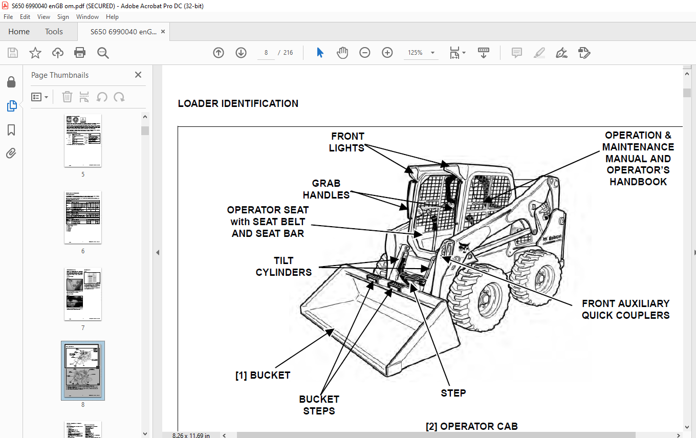 Bobcat S650 Skid-Steer Loader Operation & Maintenance Manual SN