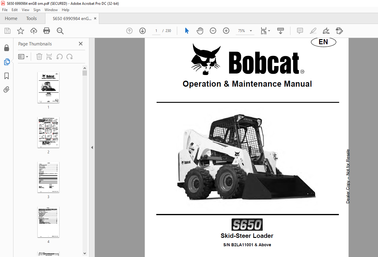 Bobcat S650 Skid-Steer Loader Operation & Maintenance Manual SN