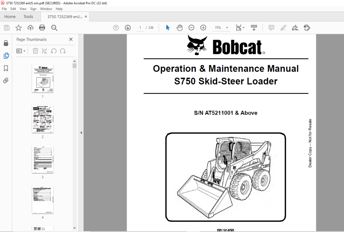 Bobcat S750 Skid-Steer Loader Operation & Maintenance Manual 7252369