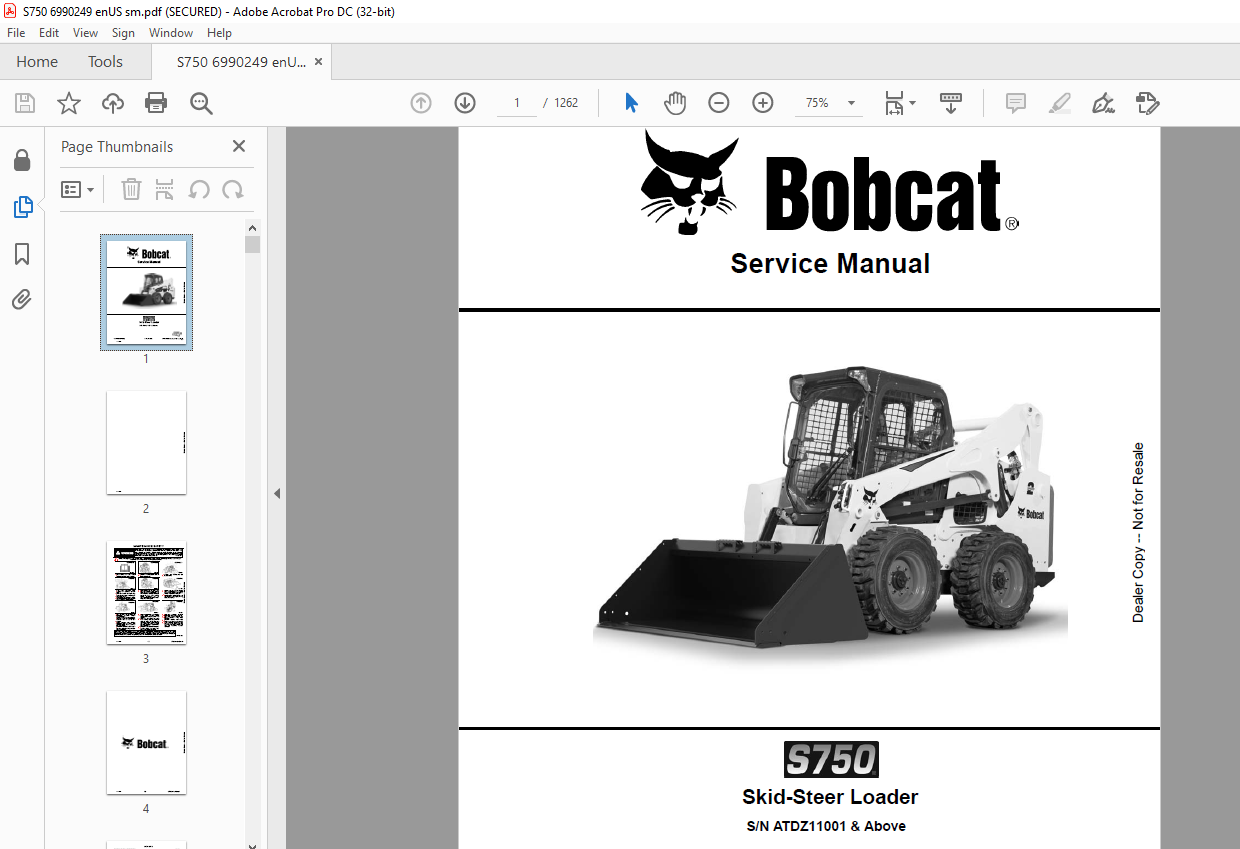 Bobcat S750 Skid-Steer Loader Service Manual SN ATDZ11001 & Above - PDF