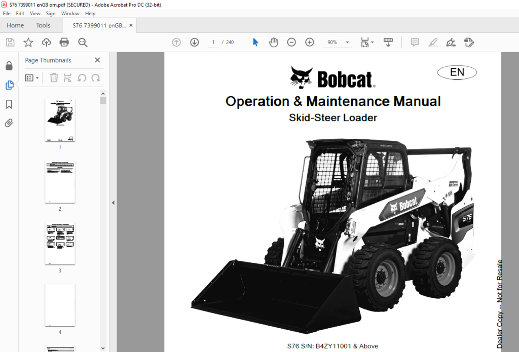 Bobcat S76 Skid-Steer Loader Operation & Maintenance Manual SN