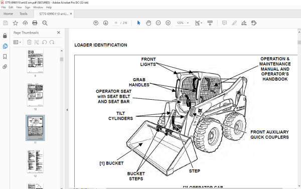 Bobcat S770 Skid-Steer Loader Operation & Maintenance Manual SN ...