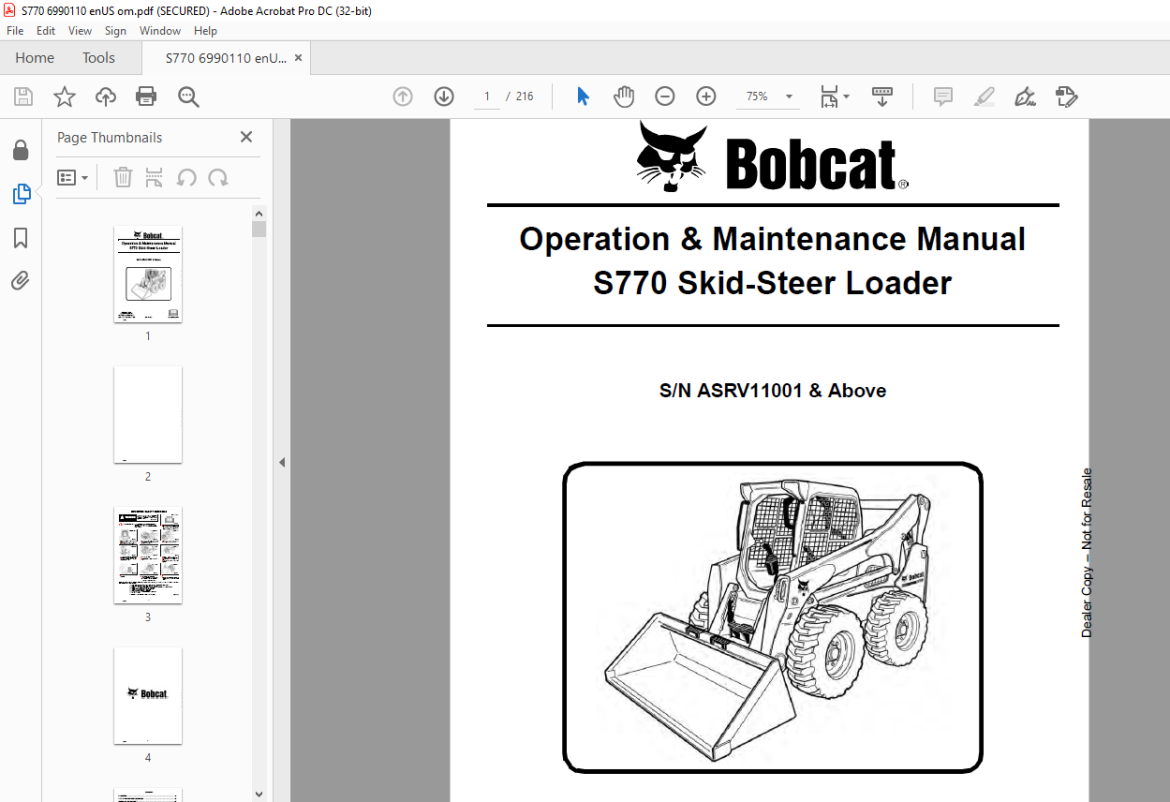 Bobcat S770 Skid-Steer Loader Operation & Maintenance Manual SN