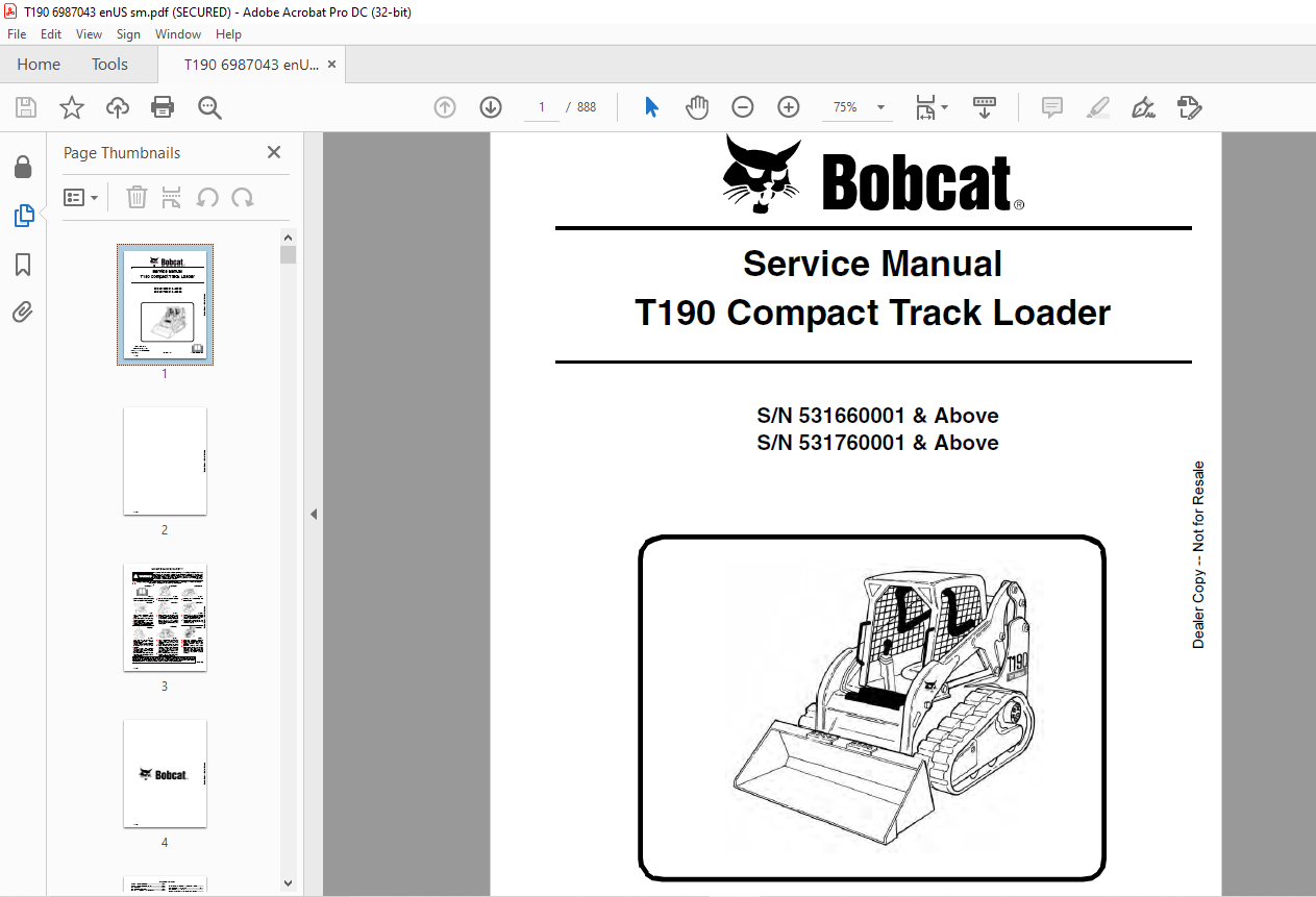 Bobcat T190 Compact Track Loader Service Manual 6987043 (8-09) - PDF