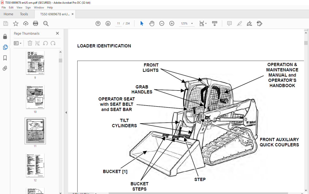 Bobcat T550 Compact Track Loader Operation & Maintenance Manual SN