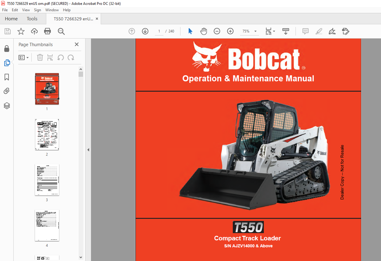 Bobcat T550 Compact Track Loader Operation & Maintenance Manual SN