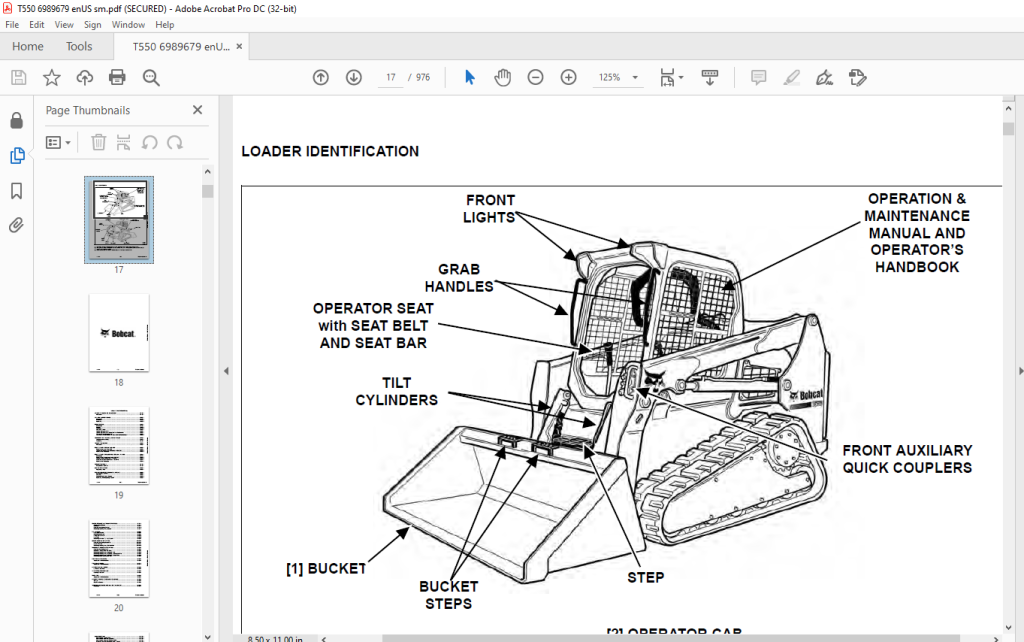 Bobcat T550 Compact Track Loader Service Manual SN A7UJ11001 & Above