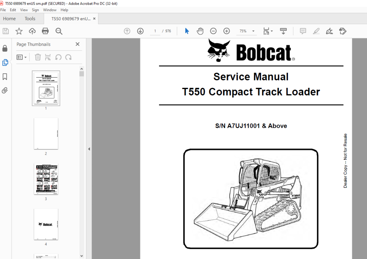 Bobcat T550 Compact Track Loader Service Manual SN A7UJ11001 & Above