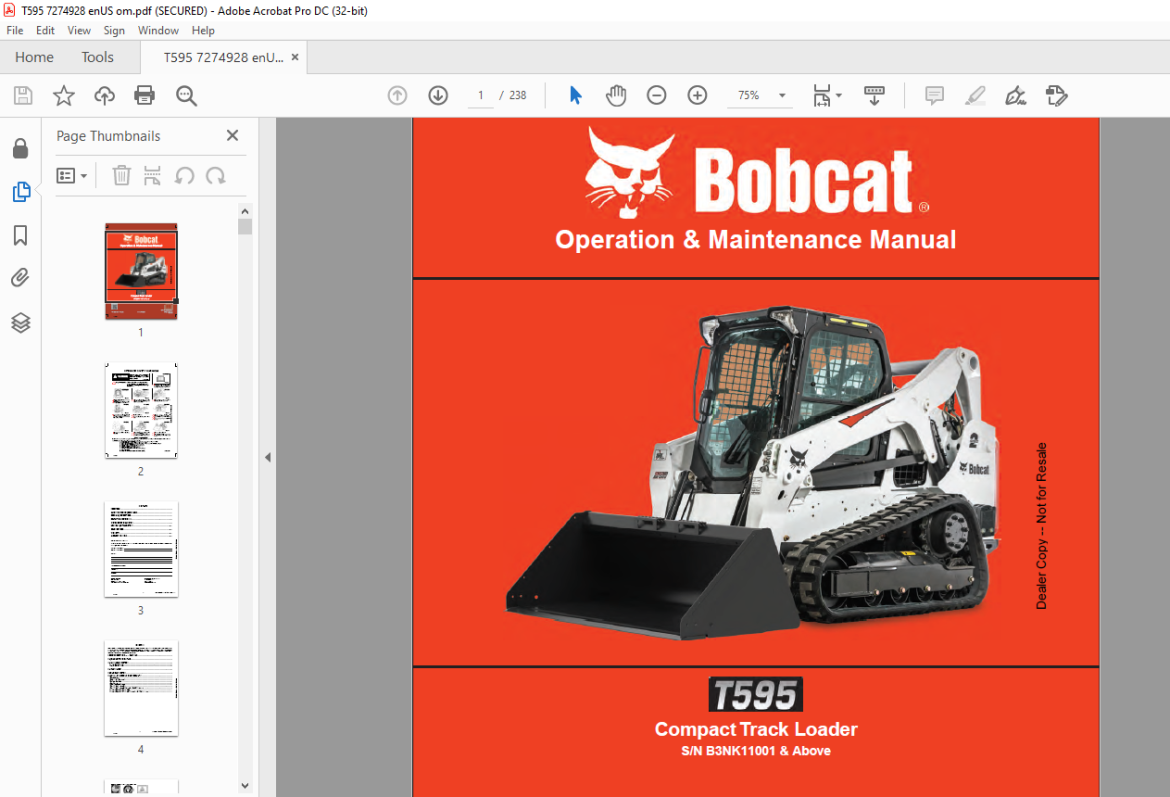 Bobcat T595 Compact Track Loader Operation & Maintenance Manual SN