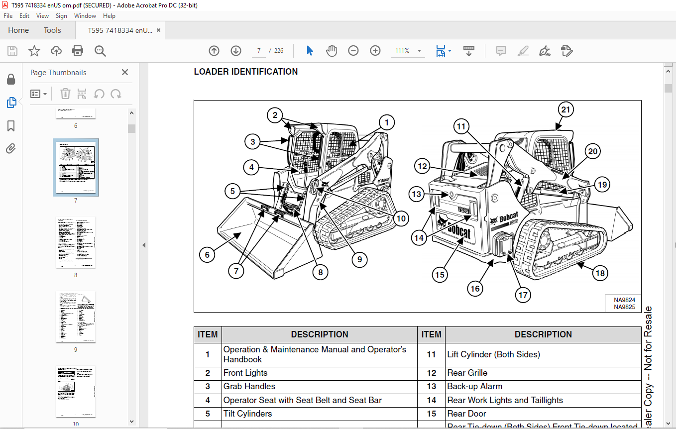 Bobcat T595 Compact Track Loader Operation & Maintenance Manual SN