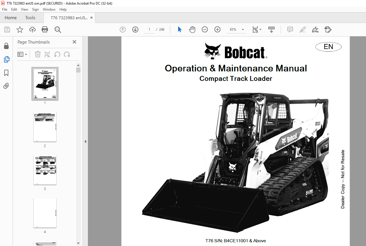 Bobcat T76 Compact Track Loader Operation & Maintenance Manual SN ...