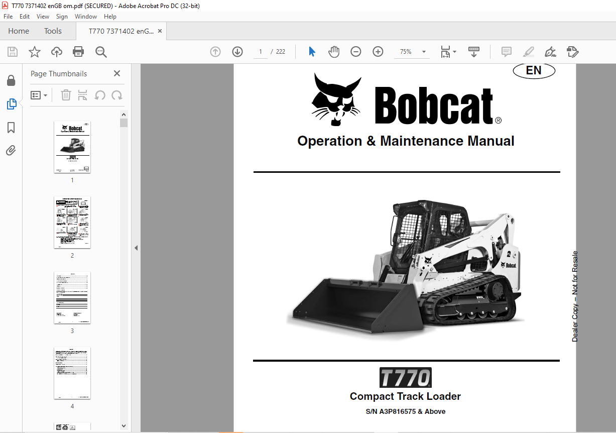 Bobcat T770 Compact Track Loader Operation & Maintenance Manual SN