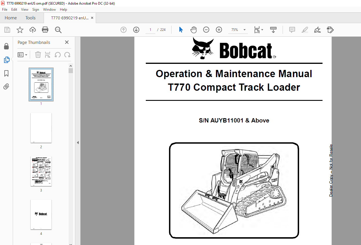 Bobcat T770 Compact Track Loader Operation & Maintenance Manual SN