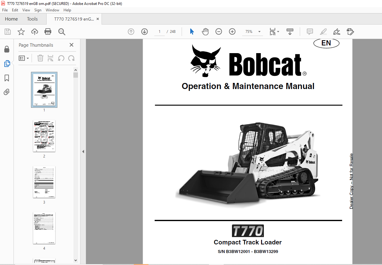 Bobcat T770 Compact Track Loader Operation & Maintenance Manual SN ...