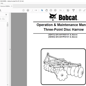 Bobcat Three-Point Disc Harrow 3DH72 3DH84 Operation & Maintenance Manual 6989428 (6-09)  -  PDF DOWNLOAD