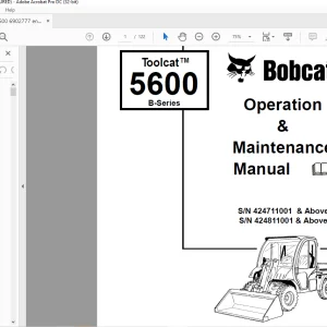 Bobcat Toolcat™ 5600 B-Series Utility Work Machine Operation & Maintenance Manual - PDF DOWNLOAD