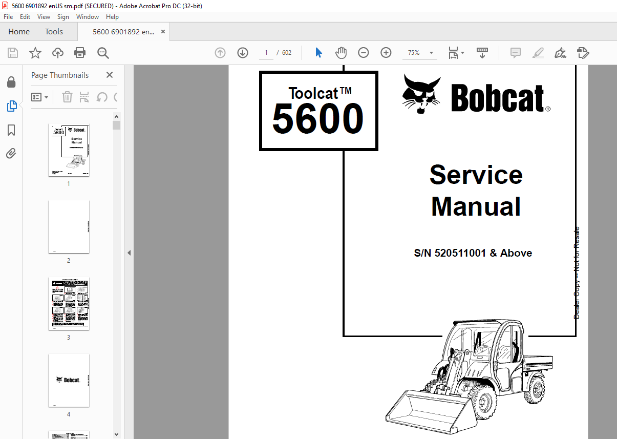 Bobcat Toolcat™ 5600 Service Manual SN 520511001 & Above - PDF DOWNLOAD