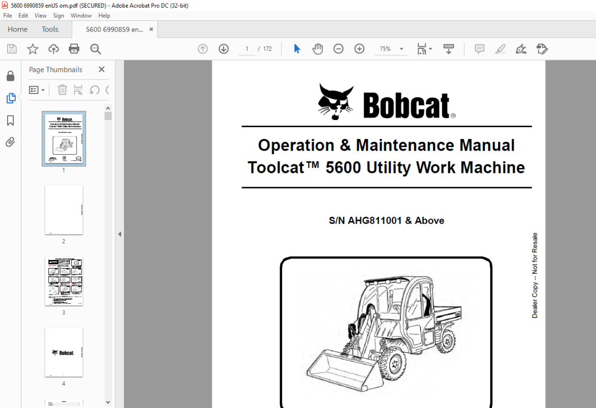 Bobcat Toolcat™ 5600 Utility Work Machine Operation And Maintenance Manual Sn Ahg811001 And Above 4605