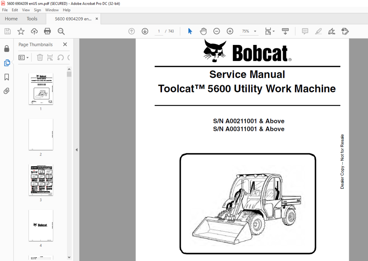 Bobcat Toolcat™ 5600 Utility Work Machine Service Manual- PDF DOWNLOAD