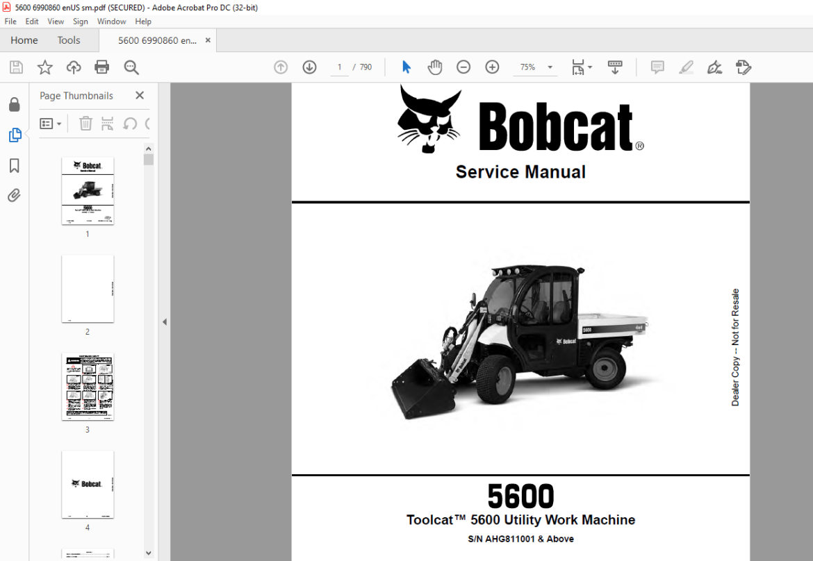 Bobcat Toolcat™ 5600 Utility Work Machine Service Manual SN AHG811001