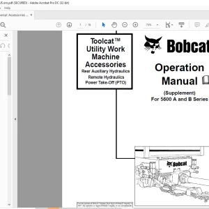 Bobcat Toolcat™ Utility Work Machine Accessories Rear Auxiliary Hydraulics Remote Hydraulics Power Take-Off (PTO) For 5600 A and B Series (Supplement) Operation Manual - PDF DOWNLOAD