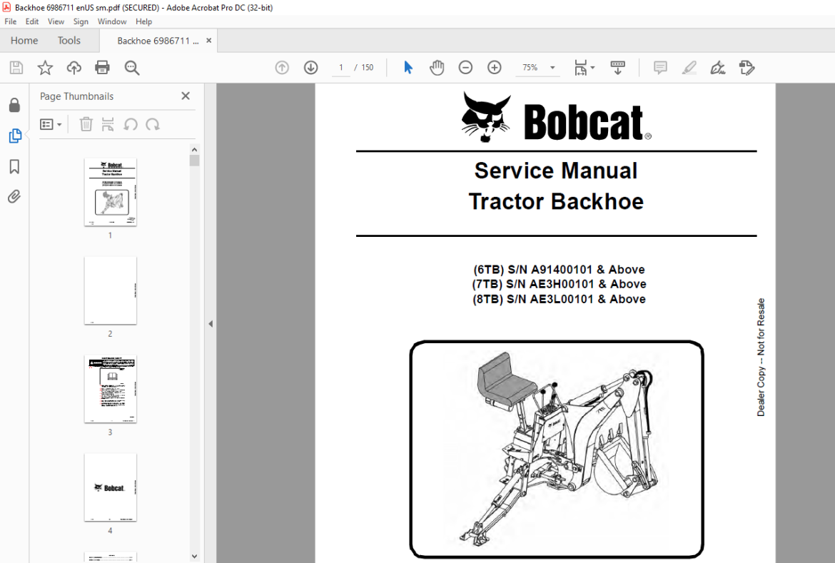 Bobcat Tractor Backhoe 6TB 7TB 8TB Service Manual 6986711 (10-11) - PDF