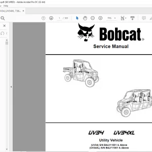 Bobcat UV34 UV34XL Utility Vehicle Service Manual 7361390 (10-20) -  PDF DOWNLOAD