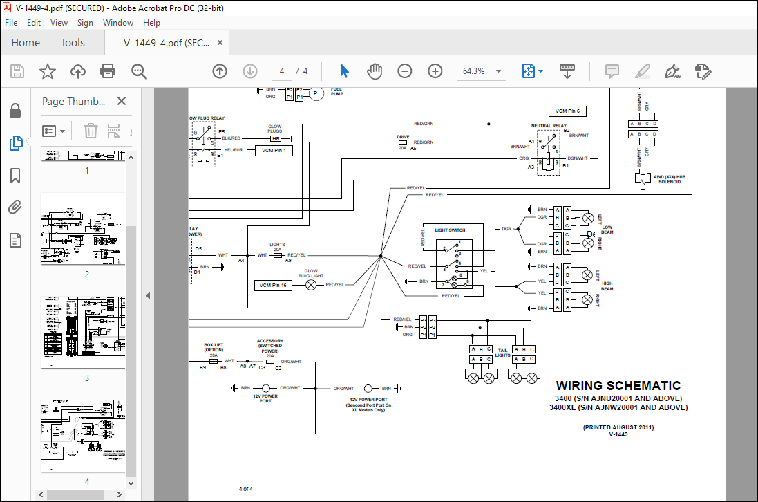 Bobcat Utility Vehicle 3400 3400XL Electrical Manual V-1449 - PDF ...