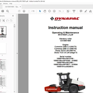 DYNAPAC Vibratory Roller CA1500 CA1800 Operating & Maintenance Instruction Manual PDF DOWNLOAD