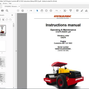 DYNAPAC Vibratory Roller CA270 Engine Cummins 4BT 3.9 102C Instructions Manual PDF DOWNLOAD