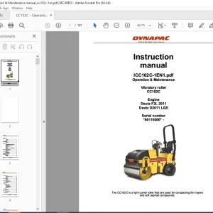 DYNAPAC Vibratory Roller CC102C Operation & Maintenance Instruction Manual SN 60119200 PDF DOWNLOAD