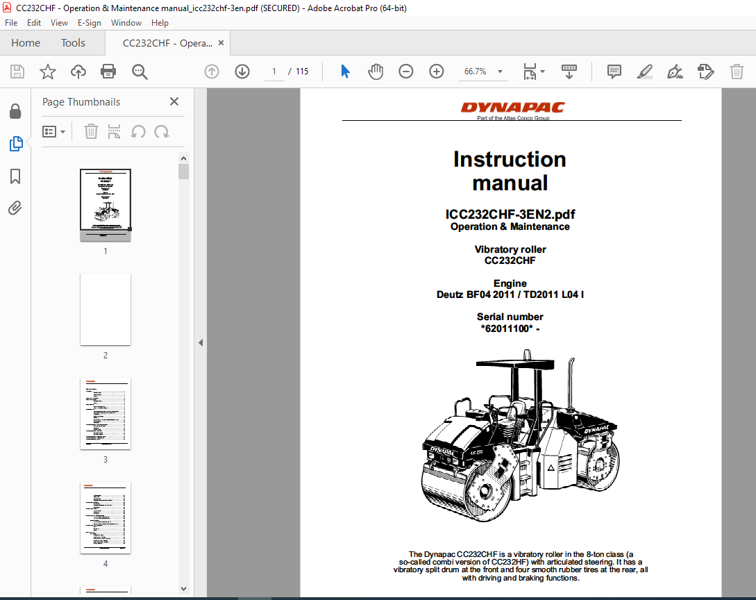 DYNAPAC Vibratory Roller CC232CHF Operation & Maintenance Instruction ...