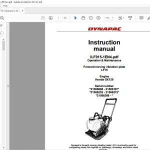 Dynapac Forward moving vibration plate LF15 Operation & Maintenance Instruction Manual - PDF DOWNLOAD