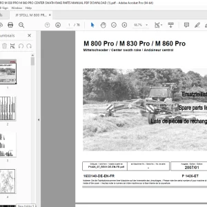 JF STOLL M 800 PRO M 830 PRO M 860 PRO CENTER SWATH RAKE PARTS MANUAL PDF DOWNLOAD
