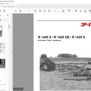 JF STOLL R 1405 S R 1405 SB R 1425 S Schwader Rake Parts Manual PDF DOWNLOAD
