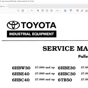 Toyota Forklift 6HBW30 6HBE30 6HBE40 6HBC30 6HBC40 6TB50 Pallet Trucks Service Manual SN 27000 and up - PDF DOWNLOAD