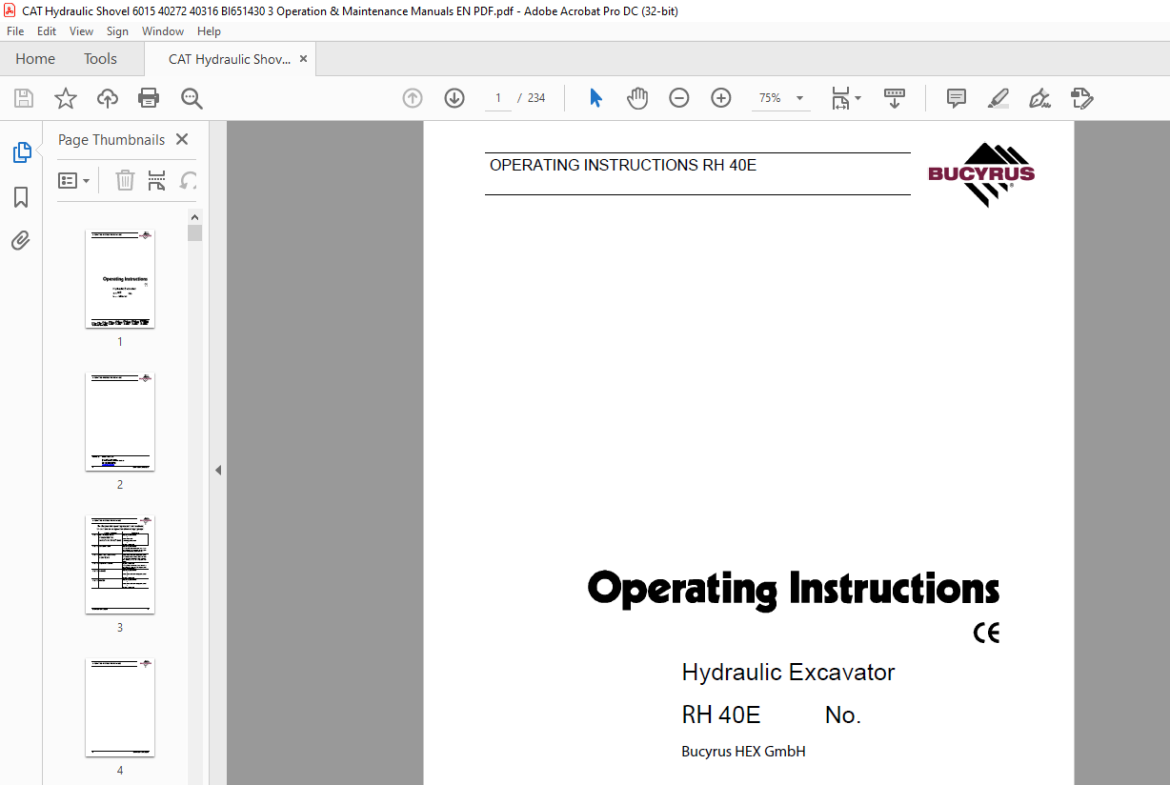 CAT Bucyrus RH 40E Hydraulic Excavator Operating Instruction Manual ...