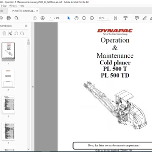 DYNAPAC Cold Planer Cold planer PL 500 T PL 500 TD Operation & Maintenance Instruction Manual PDF DOWNLOAD