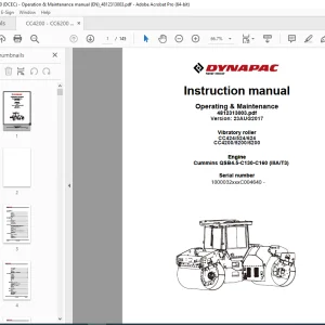 DYNAPAC Vibratory Roller CC424 CC524 CC624 CC4200 CC5200 CC6200 Operation & Maintenance Instruction Manual PDF DOWNLOAD
