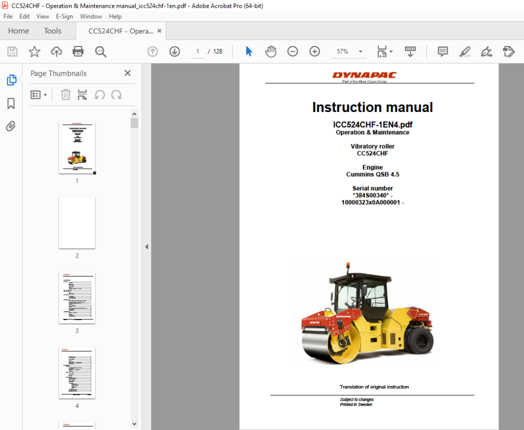 DYNAPAC Vibratory Roller CC524CHF Operation & Maintenance Instruction ...