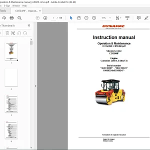 DYNAPAC Vibratory Roller CC624CHF Operation & Maintenance Instruction Manual PDF DOWNLOAD