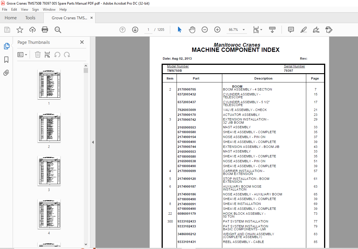 Grove Crane TMS750B Spare Parts Manual SN 79397 - PDF DOWNLOAD ...